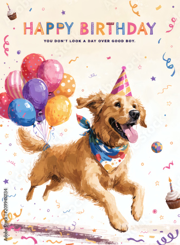 Happy Golden Retriever Running with Birthday Balloons, Cheerful Hand Painted Greeting Card Illustration in Bright Gouache Style