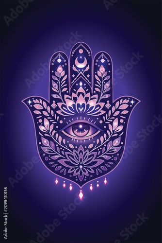 Moonlit Eye Hamsa Violet Guardian of Awareness. A glowing violet Hamsa with a central protective eye, surrounded by floral and leaf patterns. 