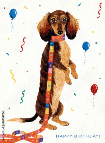 Long Haired Dachshund Wearing a Birthday Scarf with Balloons, Cute Hand Painted Greeting Card Illustration
