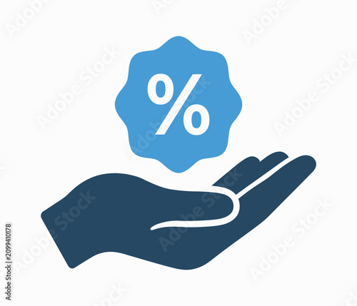 Tableau sur toile Percentage sign held in a hand a flat two color icon on a white background disco