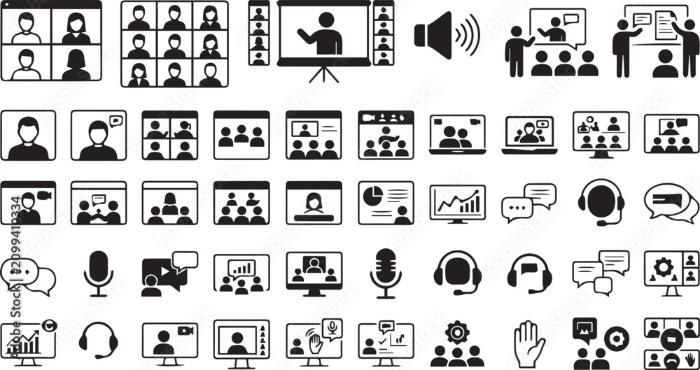 Obraz premium Collection of video conference icons. Communication and collaboration symbols.
