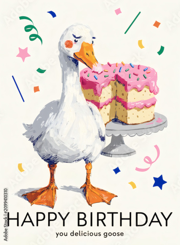 Funny White Goose Standing Beside a Birthday Cake, Whimsical Hand Painted Greeting Card Illustration with Festive Decorations