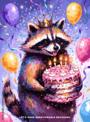 Funny Raccoon with Birthday Cake and Confetti, Whimsical Hand Painted Greeting Card Illustration in Vibrant Gouache Style