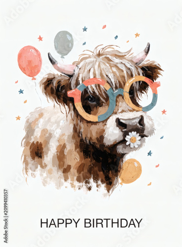 Adorable Highland Cow Wearing Birthday Glasses, Bright Floral Greeting Card Illustration in Painterly Gouache Style