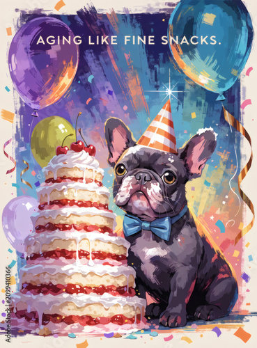 Cute French Bulldog Beside a Giant Birthday Cake, Colorful Hand Painted Birthday Greeting Card Illustration with Festive Decorations