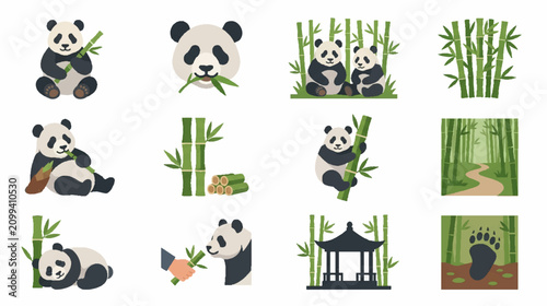 Giant panda and bamboo forest halftone icons