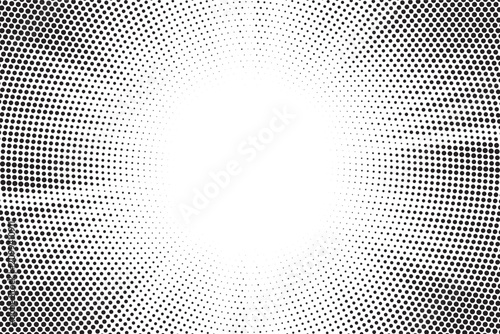 Halftone gradient sunburst rays pattern. Abstract vector dot background with monochrome comic pop art style. Radial starburst, explosion, shine, sunrise rays poster design.