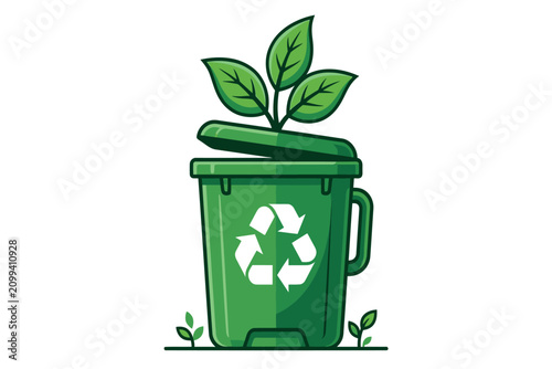 Green recycling bin with sprouting leaves a vector illustration on a white background waste container trash garbage reuse reduce