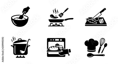 Cooking Icons Set: Food Preparation, Baking, Kitchen Utensils, Culinary Actions, Vector Graphics
