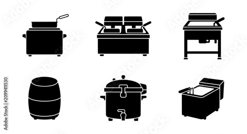 Commercial Kitchen Fryer Icons, Food Equipment Vector Set, Restaurant Cooking Appliances Collection