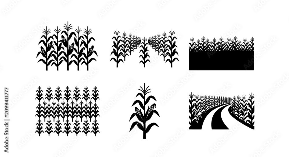 Fototapeta premium Corn Field Vector Icons, Agricultural Crop Rows, Organic Farming Symbols, Rural Landscape Elements