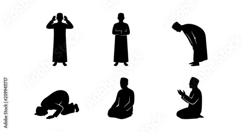 Tableau sur toile Islamic Prayer Poses Silhouette Set, Muslim Man Worship, Salat Positions, Religi