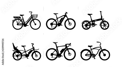 Electric Bicycle Icons Set, Modern E-bike Collection, Urban Commuter Cycles, Outdoor Sport Bikes