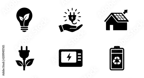 Fotografija Eco Energy Icons: Lightbulb, Solar House, Battery, Plug, Power, Renewable Resour
