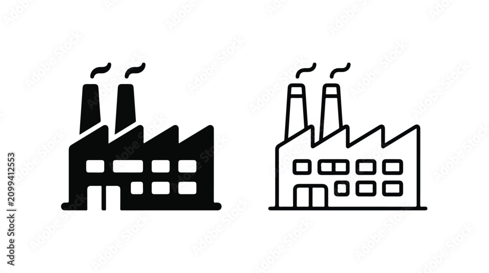 Obraz premium Industrial factory building icons, black silhouette and outline manufacturing plant symbols, power station with smoking chimneys vector set