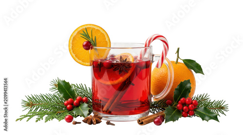 Glass of hot mulled wine with orange slice and candy cane isolated on transparent background