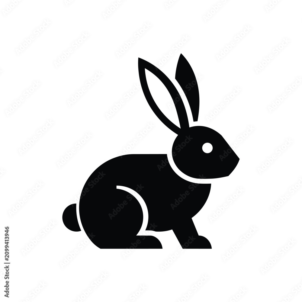 Fototapeta premium Sitting rabbit icon with long upright ears, round body, short front legs and small tail in a bold black animal silhouette isolated on white