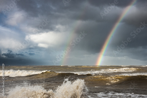 Double rainbow over the Atlantic Ocean during a cyclogenesis storm in Mar del Plata, Argentina