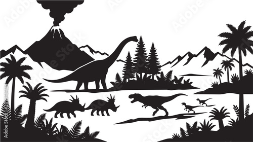 Vast prehistoric landscape with diverse dinosaurs, tropical foliage, and erupting volcano under a mountainous backdrop, evoking a sense of ancient wilderness and awe