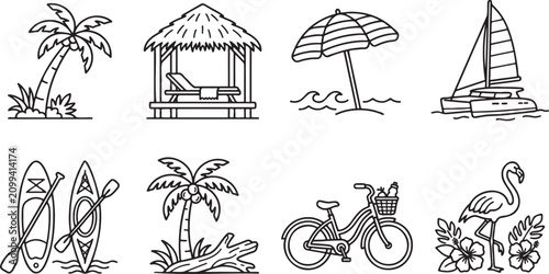 Foto Tropical vacation icons set with palm trees, beach umbrella, sailboat, surfboard