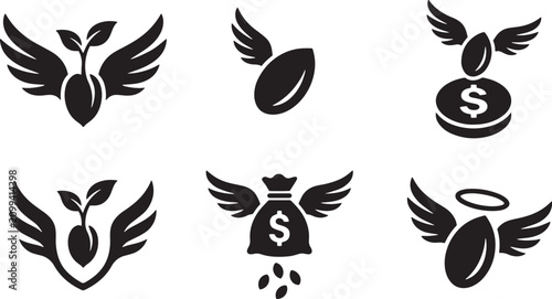Vector icons representing agricultural investment growth through winged seeds and money bags symbolizing financial prosperity and organic wealth
