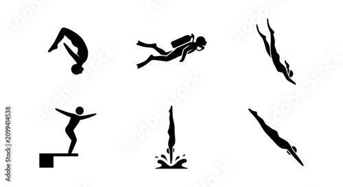 Konstfotografi Diving Icons Set: Scuba Diver, Acrobat, Springboard Jumper, Silhouette Collectio