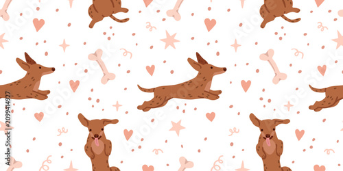 Cute seamless dachshund pattern with hearts, bones, paw prints and stars on white background. Adorable pet design for nursery, fabric and wrapping. Flat vector illustration.