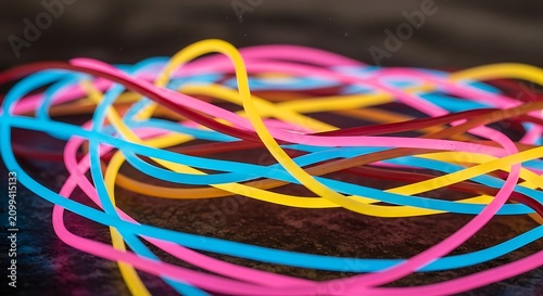 Colorful tangled neon cables on dark background. Abstract glowing wires representing connectivity.