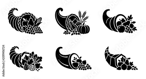 Fotografía Thanksgiving cornucopia icons, horn of plenty vector set, autumn harvest fruit a