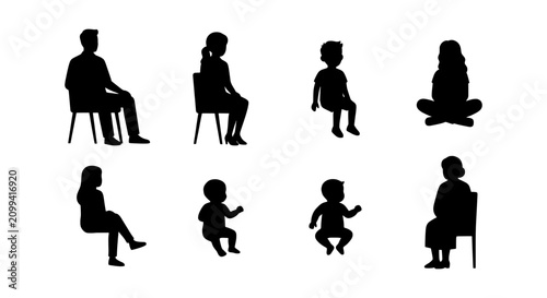 People sitting silhouettes set, 8 black vector icons of adults and children, seated human figures