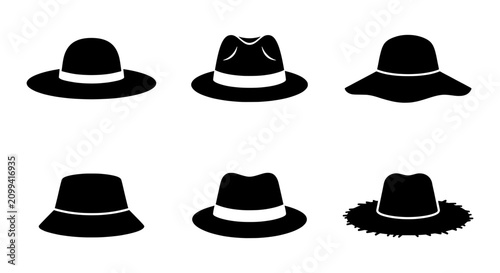Foto Vintage hat silhouettes set, classic headwear icons, 6 black vector fashion acce