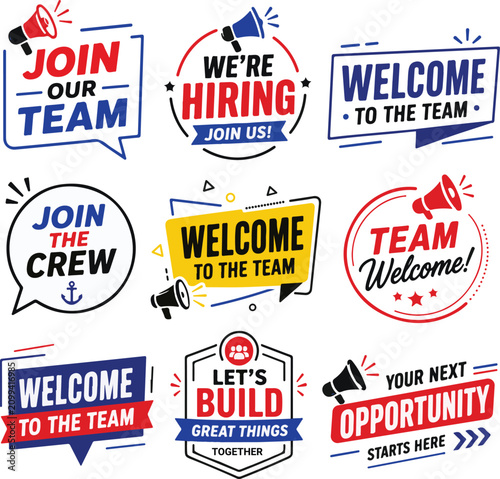we are hiring and welcome to the team typography badges stickers set