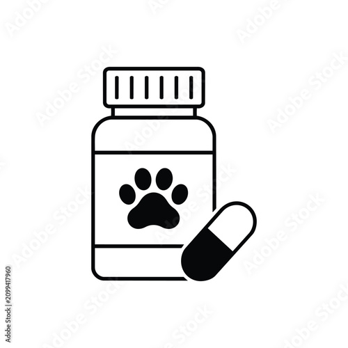 Pet medicine bottle line icon with paw label and pill for veterinary clinic pharmacy, animal medication and treatment themes