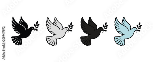 Tableau sur toile Doves of Peace: A quartet of stylized doves, rendered in black, grey, and light blue, soar gracefully each carrying an olive branch, symbolizing peace and hope across different backgrounds