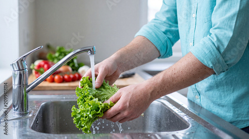 Man Washing Fresh Lettuce Leaves In Kitchen Sink