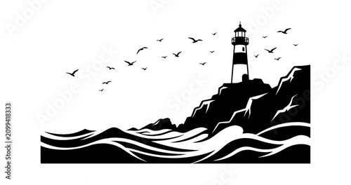 Foto Black and white lighthouse on rocky cliff with sea waves and flying birds