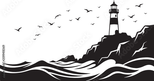 Quadro su tela Black and white lighthouse on rocky cliff with sea waves and flying birds