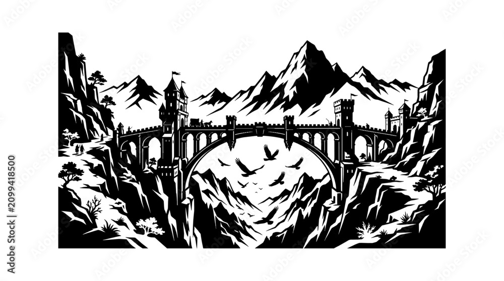 Obraz premium Black and white illustration of castle bridge with mountains