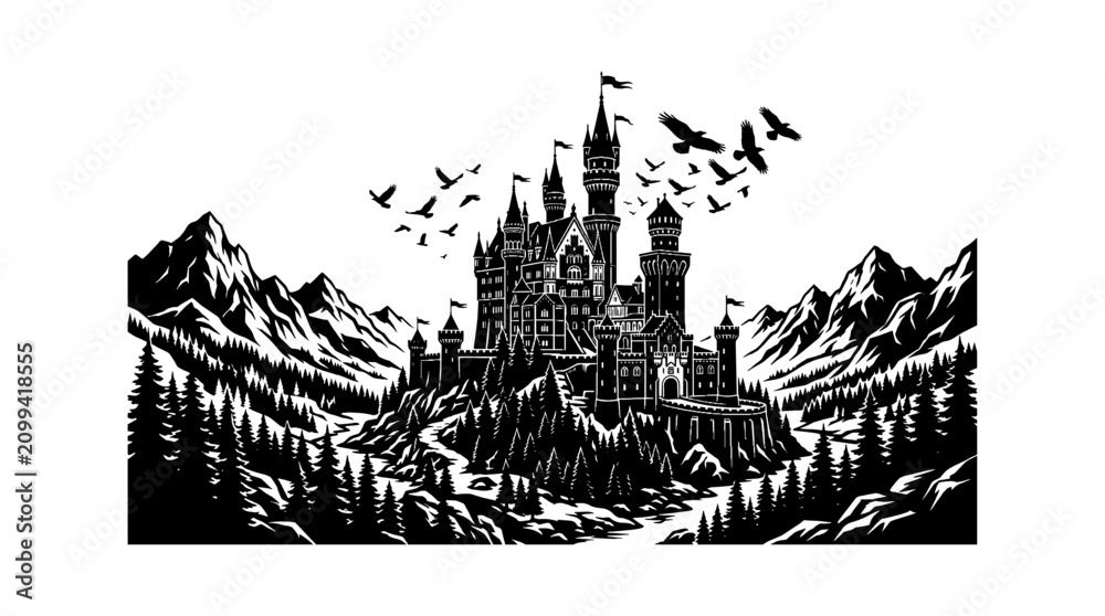 Fototapeta premium Black and white castle on a hill with birds flying overhead