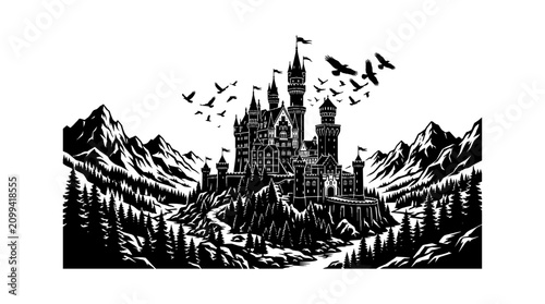 Foto Black and white castle on a hill with birds flying overhead