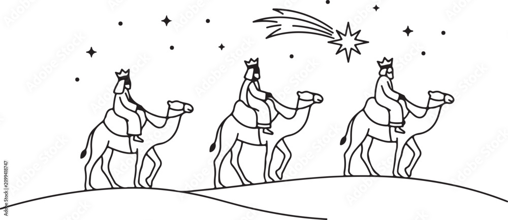 Naklejka premium Three wise men riding camels following a bright star