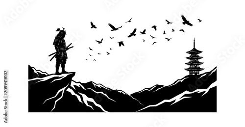Canvastavla Samurai standing on mountain peak with birds flying