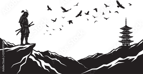 Bild auf Leinwand Samurai standing on mountain peak with birds flying