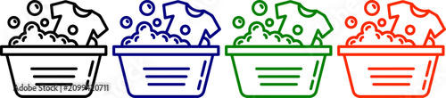 Bild auf Leinwand Laundry basket icon set with soapy water bubbles and folded shirt clothing in black blue green and red colors