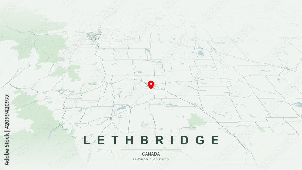 Fototapeta premium Modern minimalist vector map of Lethbridge, Alberta. High-quality scalable illustration of Lethbridge geographic boundaries, Oldman River valley and coulee networks for posters design.