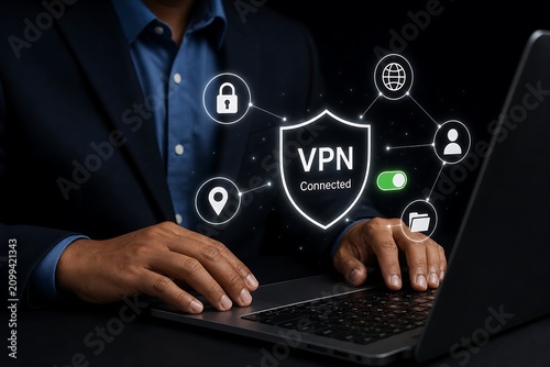 Businessman using laptop with secure vpn connection for private internet browsing