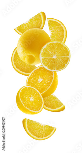 Slika na platnu Many big lemon slices set flying isolated on transparent background