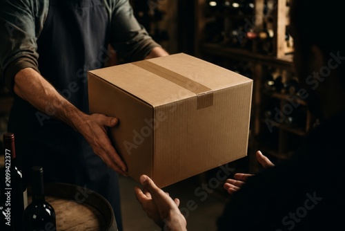Winemaker handing over a cardboard box to a customer in a winery cellar. Delivery of wine bottles in parcel. Professional service, order fulfillment and viticulture business concept.