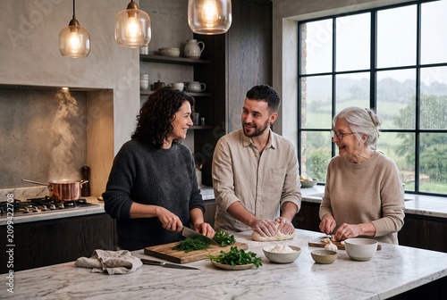 Happy multi-generational family cooking together in a stylish modern kitchen, preparing a meal with fresh ingredients and homemade dough