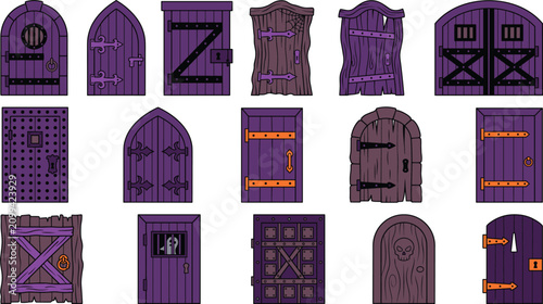 Spooky Halloween wooden doors and medieval castle dungeon gates vector illustration set isolated on white background.
